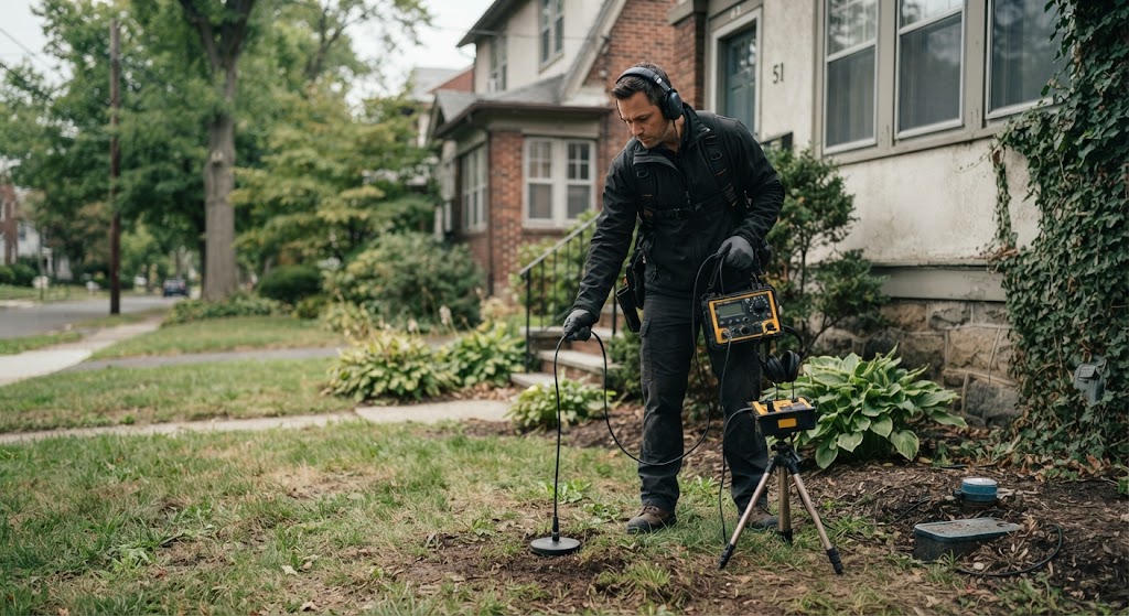 Water line leak detection Teaneck NJ using acoustic equipment in a yard